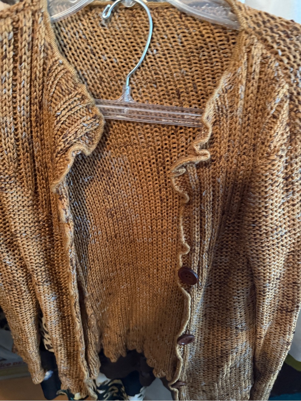 Womenโs Ruffled Edge Open Cardigan Sweater - Brown